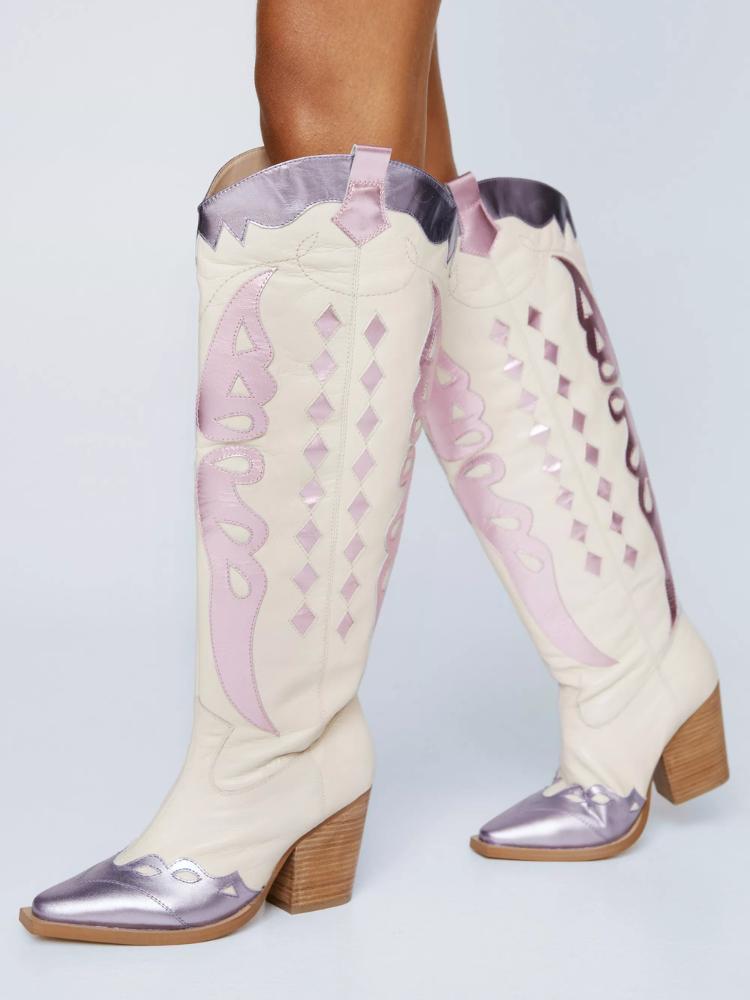 Contrast Metallic Butterfly Applique Snip Toe Wide Calf Tall Cowgirl Boots