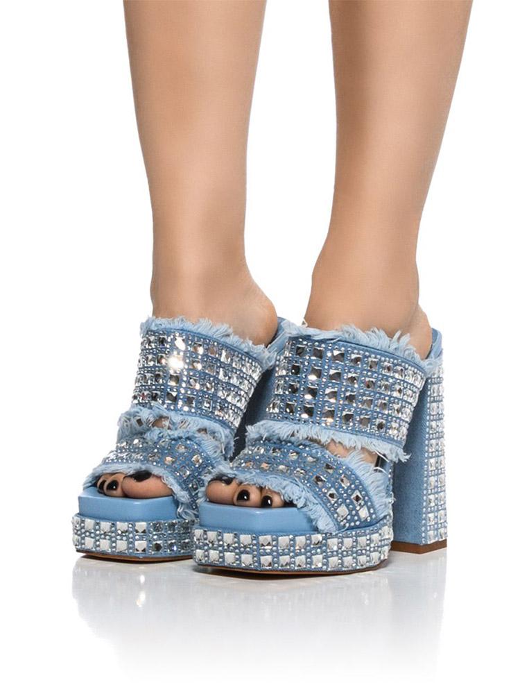 Square Rhinestones Frayed Open-toe Slip-on Denim Double Platform Sandals