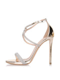 Metallic Sparkly Rhinestone Knot Round Stiletto Heel Dress Sandals With Buckle Ankle Strap