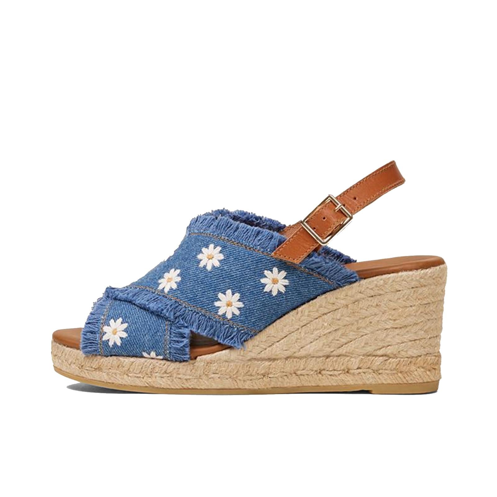 Frayed Denim Blue Daisy Embroidered Round Raffia Wdege Espadrilles Sandals Buckle Slingbacks