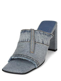 Denim Blue Frayed Patchwork Single Wide Band Square Chunky Heel Backless Slip-On Sandals