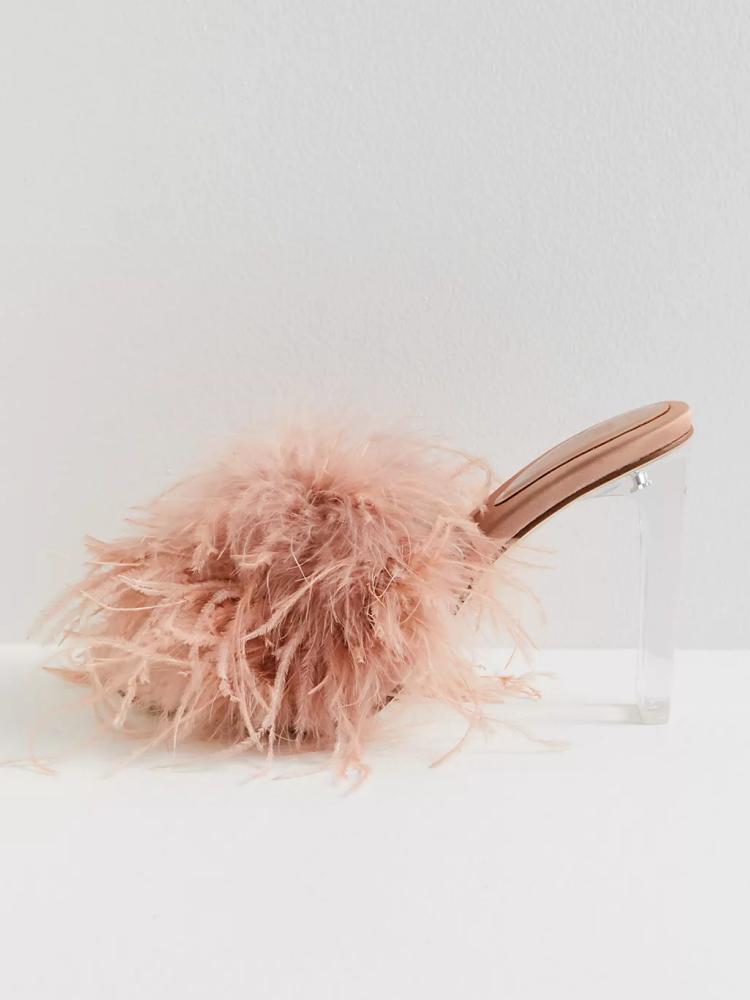 Fluffy Feather Round Toe Backless Slip-On Clear Heeled Sandals In Black Lilac Nude