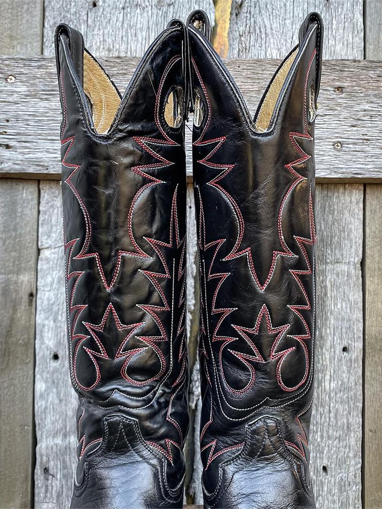 Black Vegan Leather Embroidery Round-toe Slip-on Wide Mid-Calf Cowgirl Boots With Chunky Heel