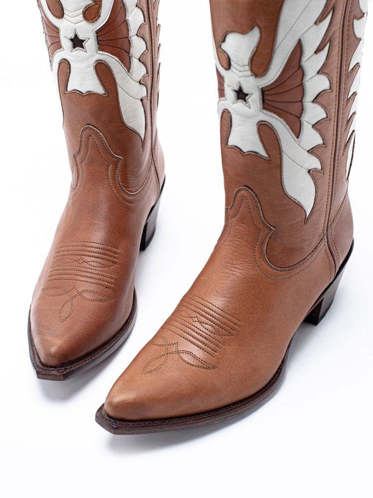 Brown Eagle Inlay Wide Mid Calf Western Boots With Pointed Toe