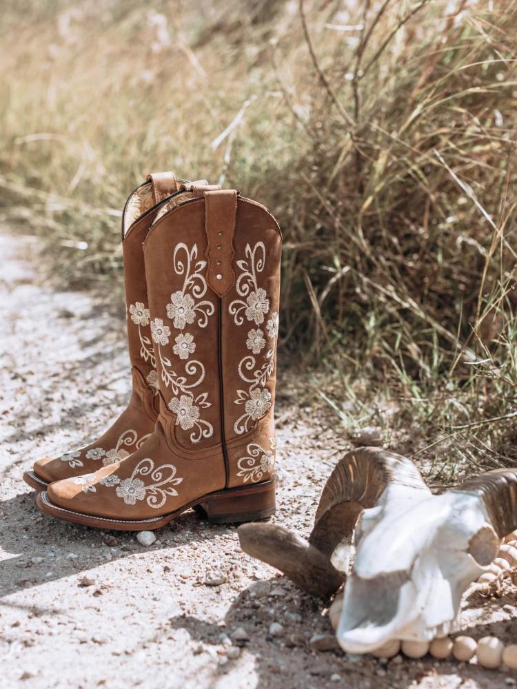 Women Mid Calf Cowboy Boots Floral Embroidered Rhinestone Square Toe Chunky Heel Western Boots