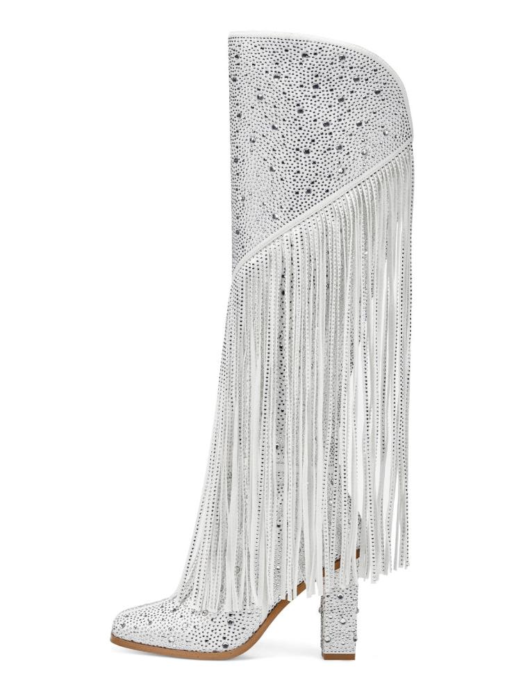 Silver Rhinestone Fringe Block Heeled Knee High Tall Boots With Zip Square Toe Wide Calf