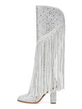 Silver Rhinestone Fringe Block Heeled Knee High Tall Boots With Zip Square Toe Wide Calf