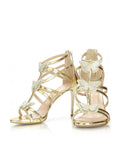 Metallic Gold Rhinestone Butterfly Applique Cage Round Stiletto Heeled Sandals With Back Zip