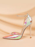 Clear Iridescent Buckle Ankle Strap Pointy Stiletto Pumps