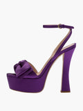 Purple Double Bows Silk Platform Flared Heeled Sandals With Round Toe Ankle Strap