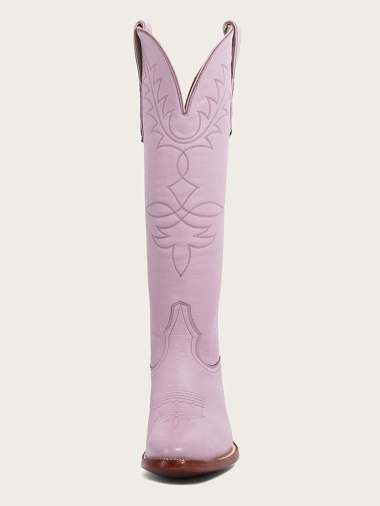 Lilac Purple Embroidered Wide Calf Knee High Boots Round Toe Western Heeled Boots