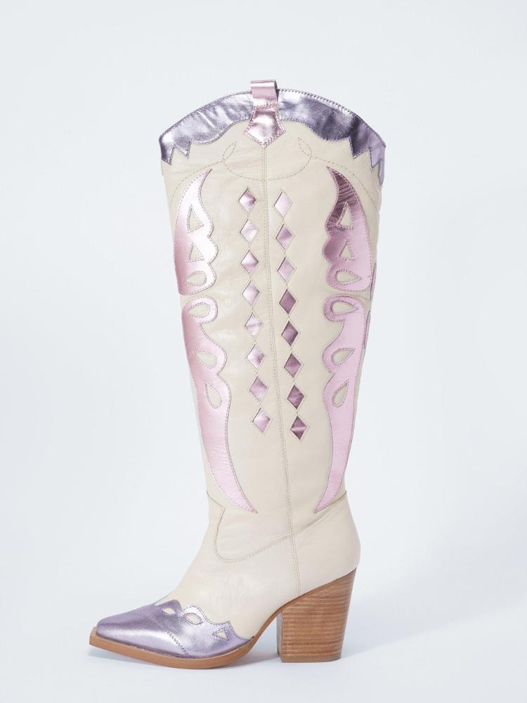 Contrast Metallic Butterfly Applique Snip Toe Wide Calf Tall Cowgirl Boots