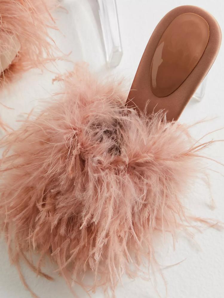 Fluffy Feather Round Toe Backless Slip-On Clear Heeled Sandals In Black Lilac Nude