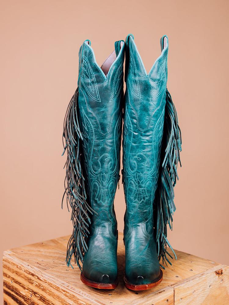 Eagle Wing Embroidered Fringe Snip Zip Knee High Western Boots