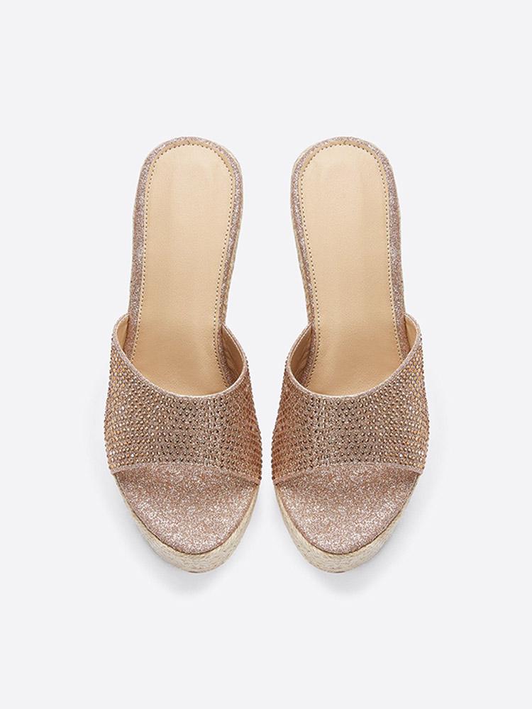 Champagne Single Band With Rhinestones Open-toe Slip-on Espadrille Wedge