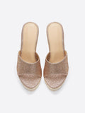 Champagne Single Band With Rhinestones Open-toe Slip-on Espadrille Wedge