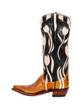 White Tulip Applique Embroidery Snip Wide Mid Calf Western Boots - Contrast Brown Black