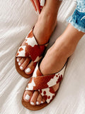 Brown Cow Print Cross Strap Open Round Toe Comfy Flats Slippers For Women