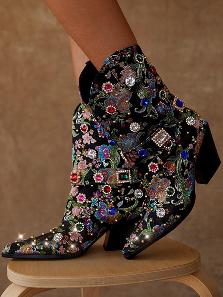 Metallic Black Satin Floral Embroidery Rhinestone Mid Calf Cowgirl Boots With Ankle Strap