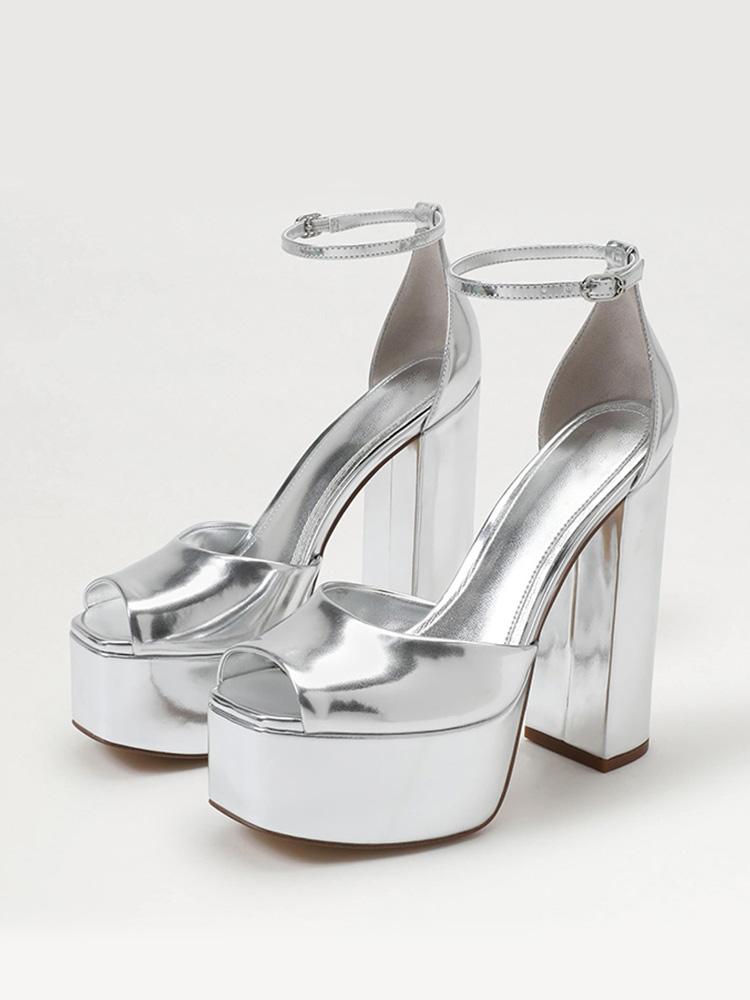 Metallic Silver Platform Square Peep Toe Block Heeled Sandals With Buckle Ankle Strap