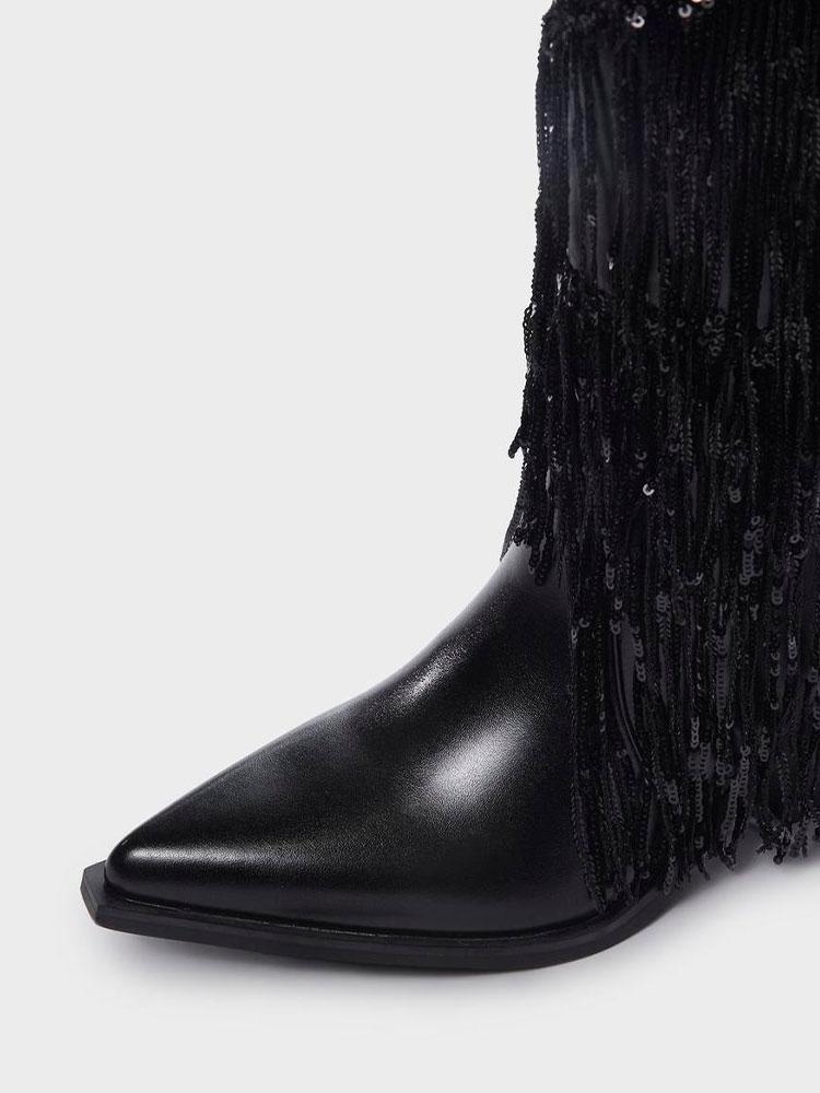 Metallic Sequin Fringed Zipper Pointy Chunky Heeled Western Cowgirl Ankle Boots