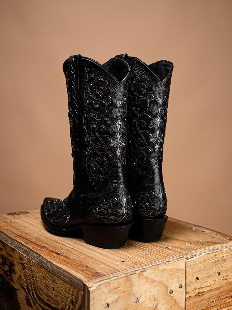 Filigree Cutout Embroidered Sparkling Inlay Stud Snip Wide Mid Calf Cowgirl Genuine Leather Boots