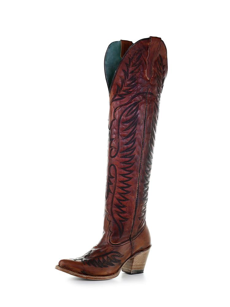 Distress Wing Embroidered Zip Pointy Knee-High Cowgirl Tall Vintage Boots