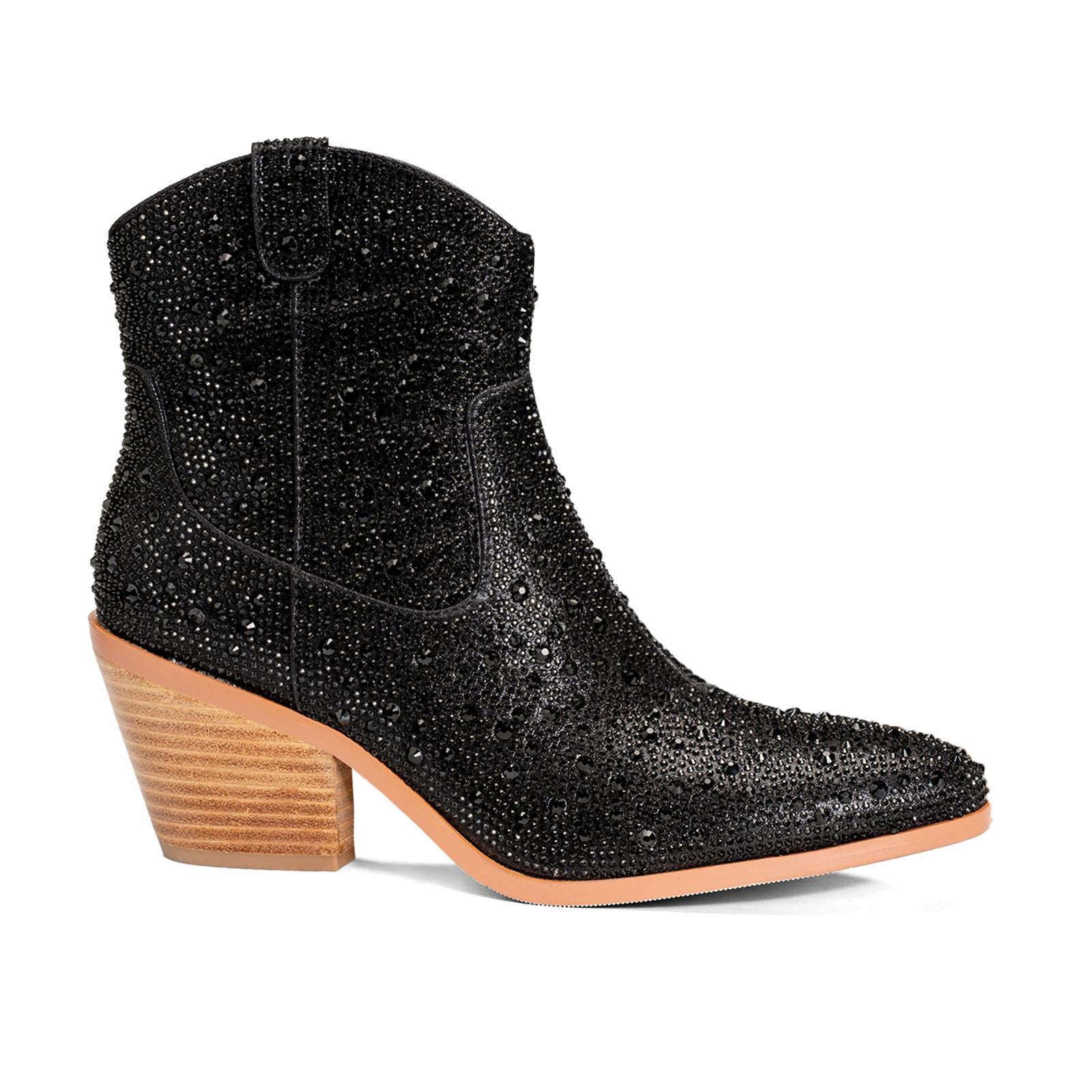 Black Rhinestone Cowgirl Ankle Boots Block Heeled Western Booties