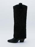 Black Rhinestone Fold-Over Cowgirl Knee-High Boots Wide Calf Block High Heel Western Boots