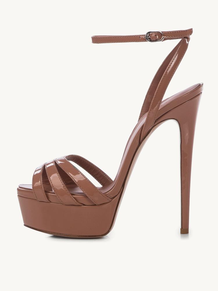 Brown Patent Platform Stiletto Heeled Sandals With Round Toe Ankle Strap