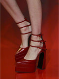 Triple Ankle Strap Mary Jane Style Pinted-Toe Patent-Leather Double Platform Slanted High Block Heel Pumps