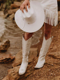 Embroidered Zip Snip Knee High Western Boots - Distressed White & Metallic Silver