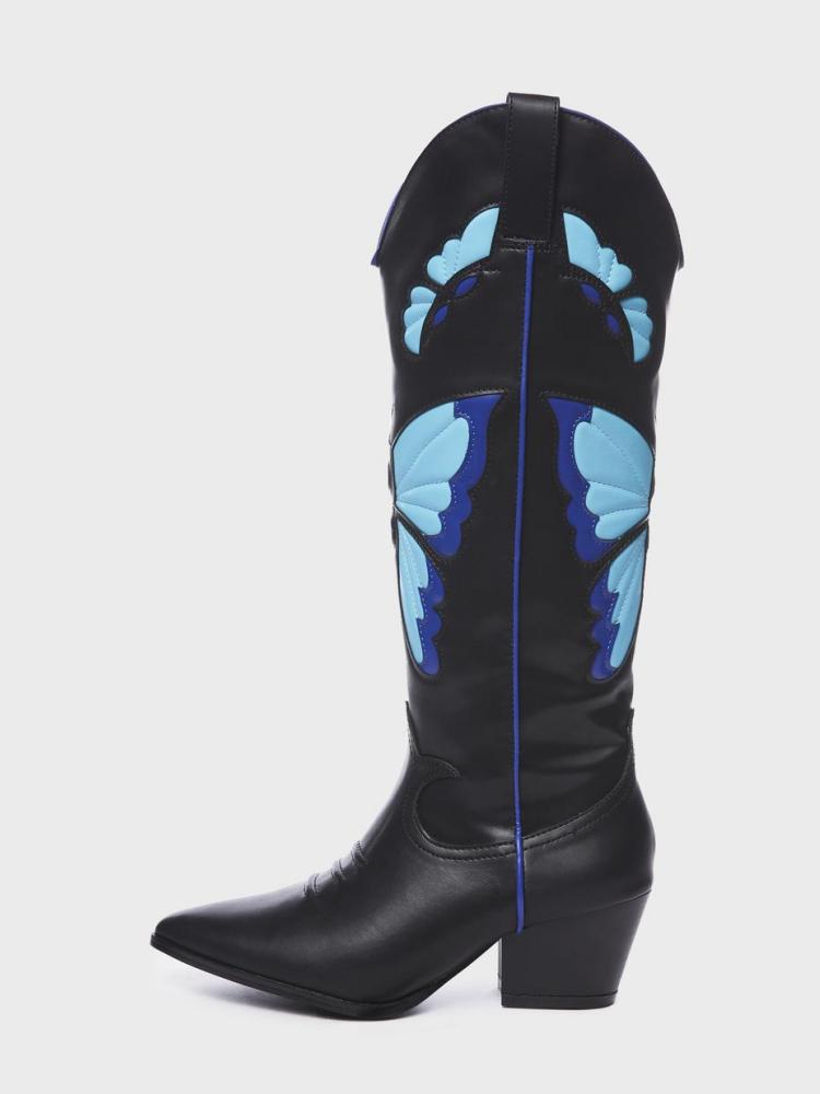 Contrast Butterfly Wing Inlay Stitch Pointed Toe Wide Mid Calf Cowgirl Tall Boots