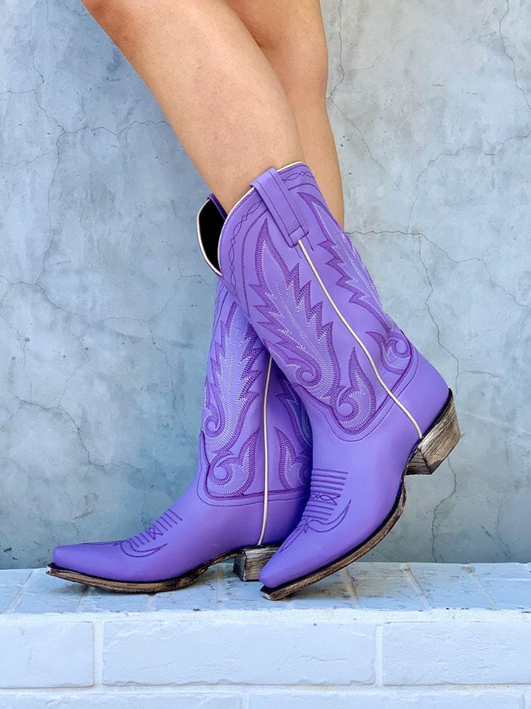 Embroidered Snip Western Wide Mid Calf Boots - Purple, Orange, Pink & Red