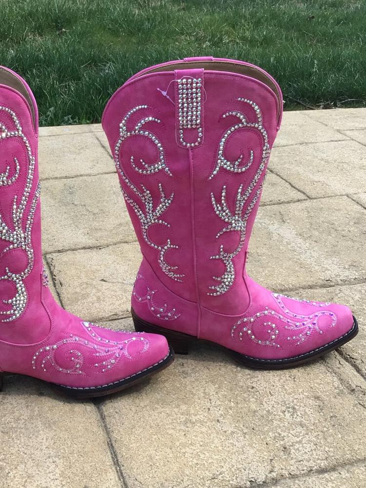 Pink Embroidered Crystal Rhinestone Square Toe Mid Heel Western Mid Calf Boots