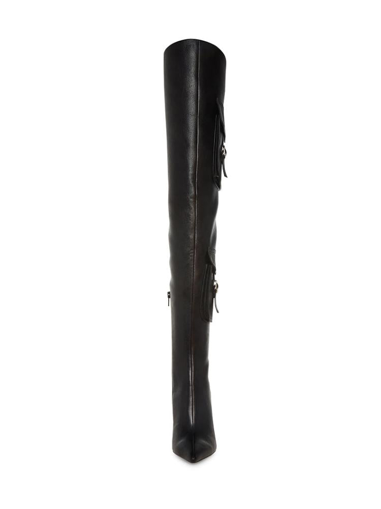 Denim Pocket Zip Pointed Toe Flared High Heel Over The Knee Thigh High Boots