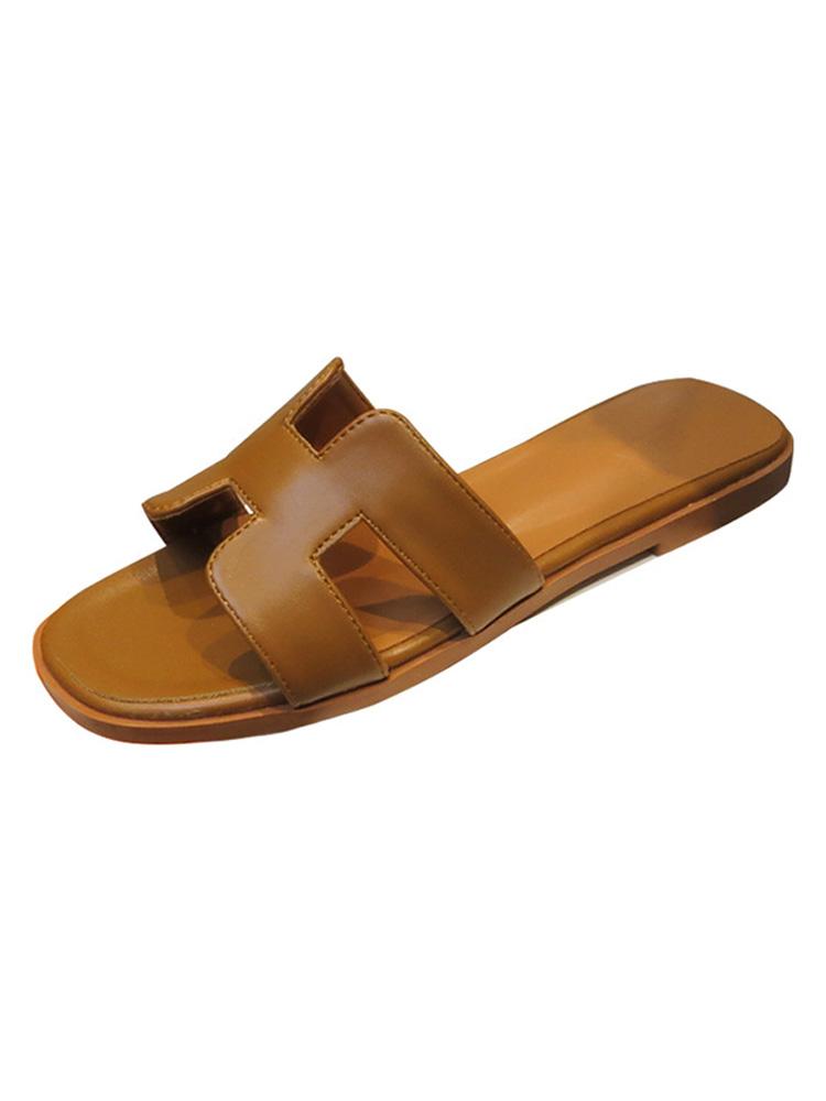 Vegan Leather Square-toe Single Band Slip-on Flat Sandals For Women