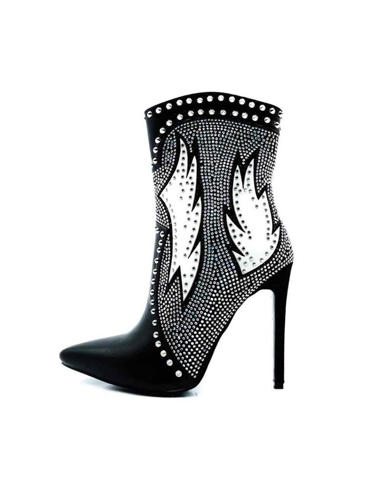 Studs Rhinestones Applique Pointed-toe High Heels Ankle Boots