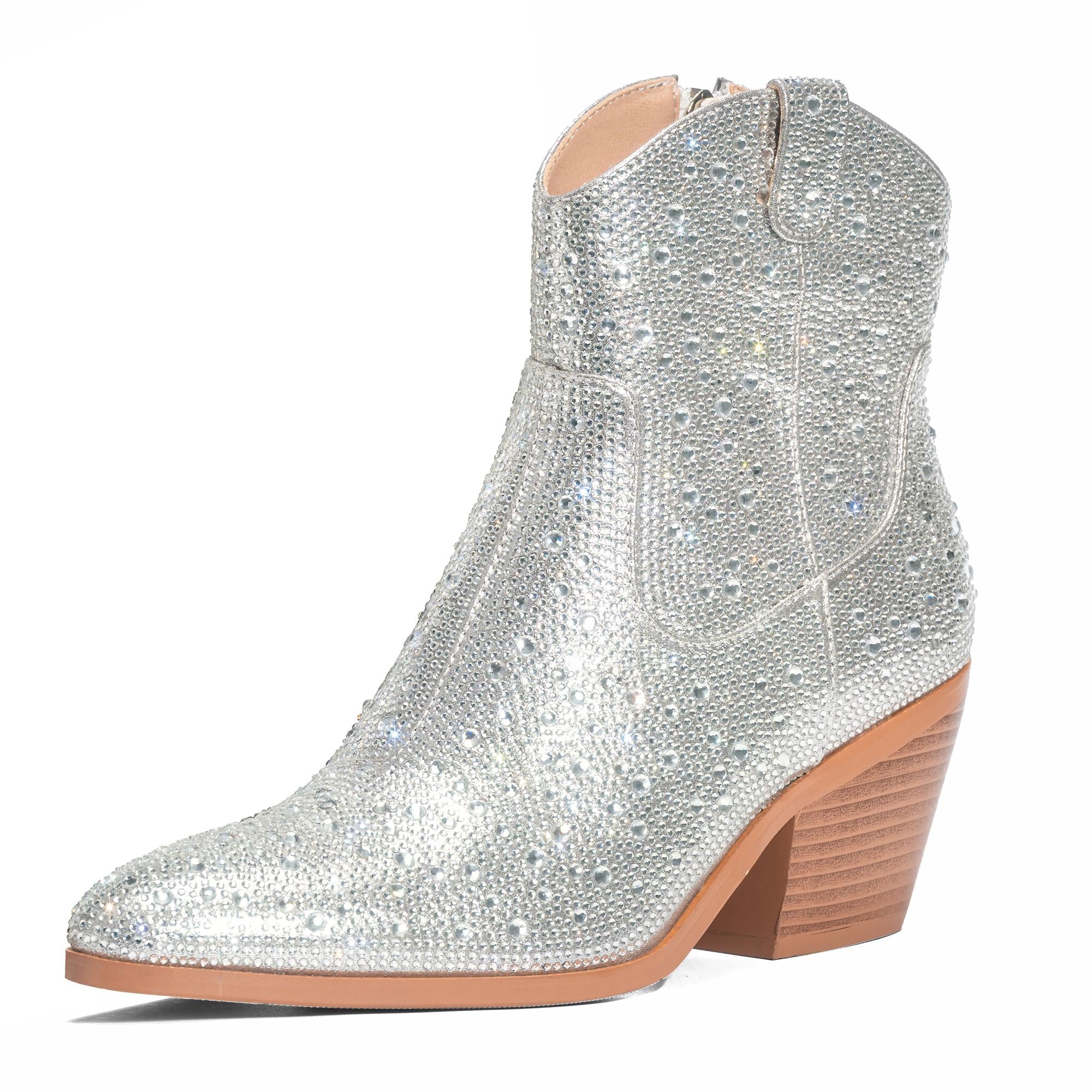 Silver Sparkly Rhinestone Round Toe Zipper Slanted Heel Western Ankle Boots