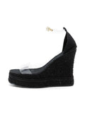 Clear Bands Black Cloth Open-toe Espadrille Wedge Sandals With Adjustable-strap