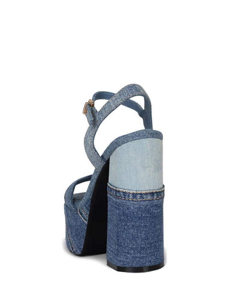 Blue Denim Patchwork Platform Chunky Heeled Sandals With Square Toe Buckle Ankle Strap