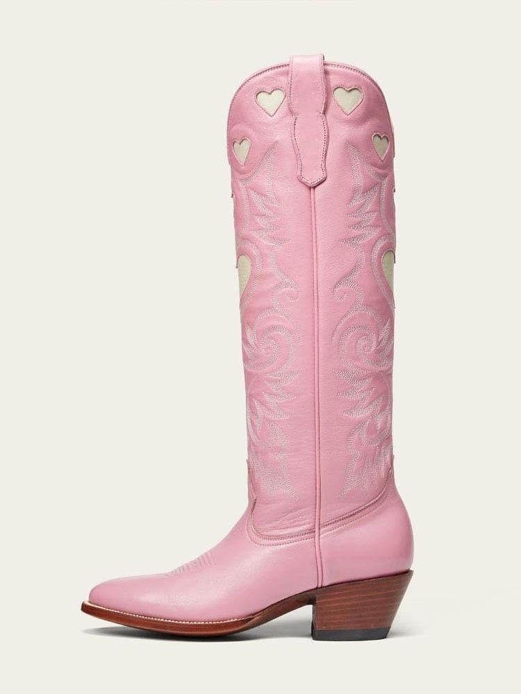 Pink Embroidered Inlay Heart Wide Calf Knee High Boots Round Toe Chunky Heeled Western Boots