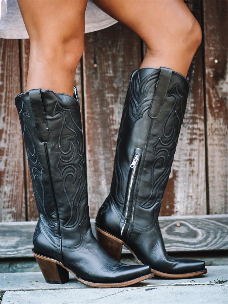 Embroidered Snip Toe Mid-Calf Western Boots