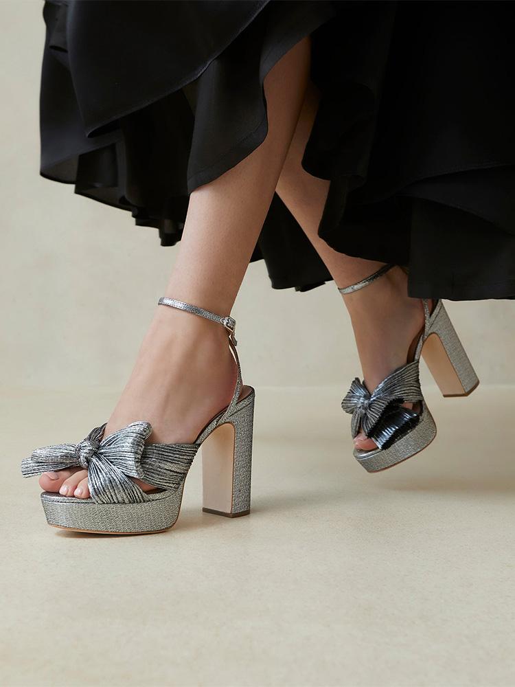 Pleated Bow Round Block Heeled Platform Sandals For Wide Feet - Metallic Silver & White