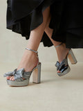 Pleated Bow Round Block Heeled Platform Sandals For Wide Feet - Metallic Silver & White