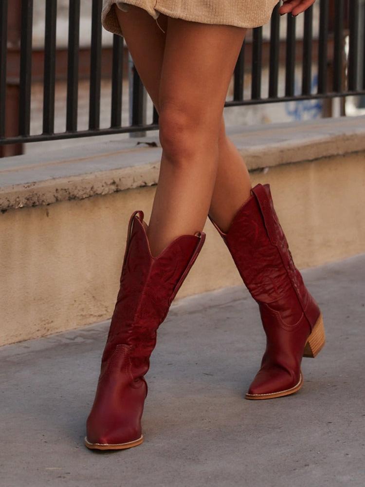 Maroon Embroidered Wide Mid Calf Boots Pointy Chunky Heeled Western Cowgirl Boots