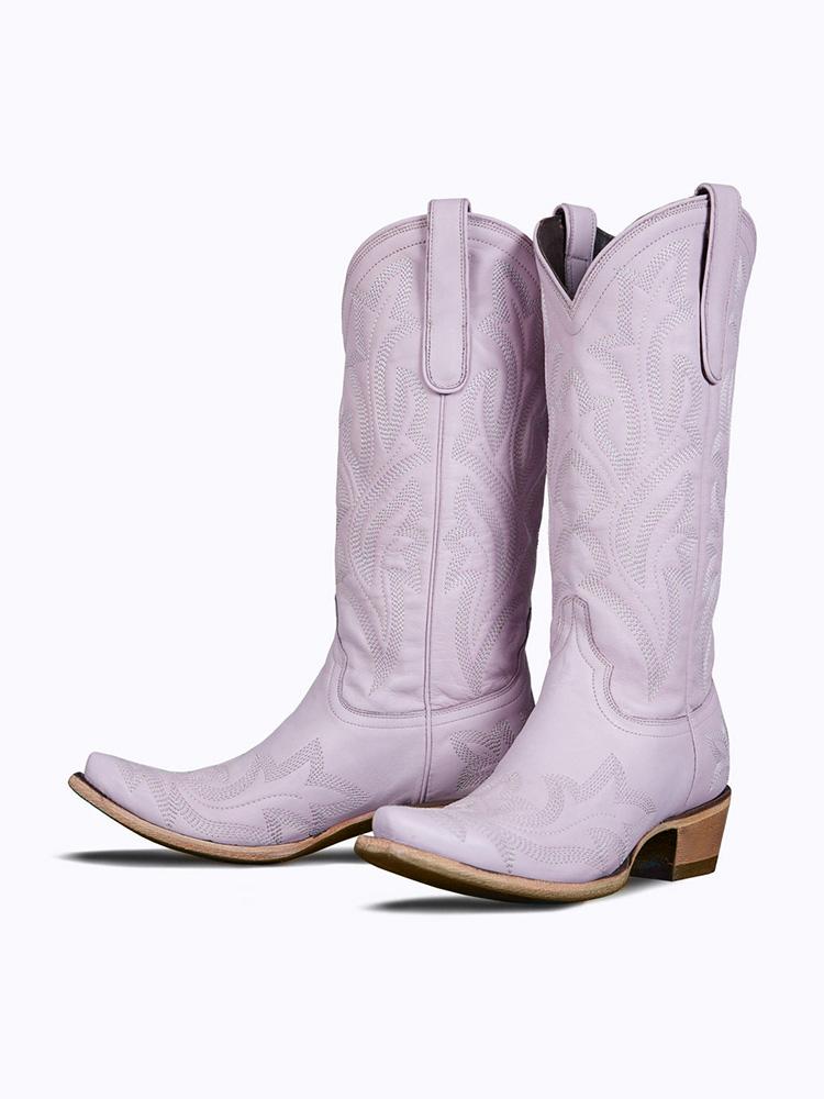 Lilac Purple Embroidered Wide Mid Calf Boots Snip Toe Western Cowgirl Heeled Boots