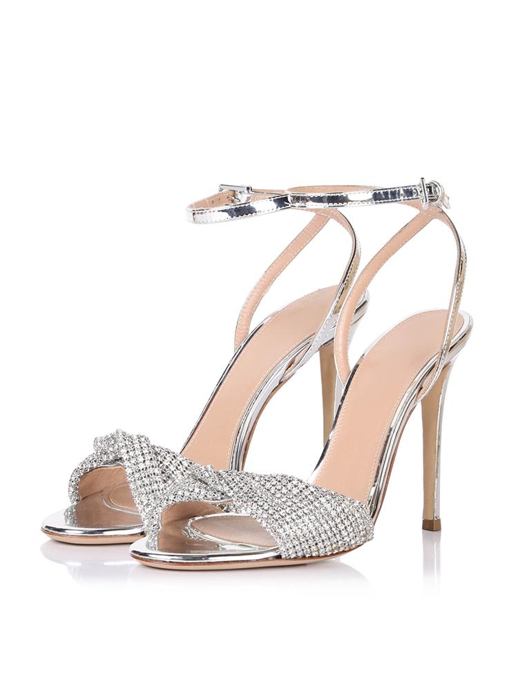 Metallic Silver Rhinestone Twist Strap Stiletto Heel Dress Sandals With Buckle Ankle Strap