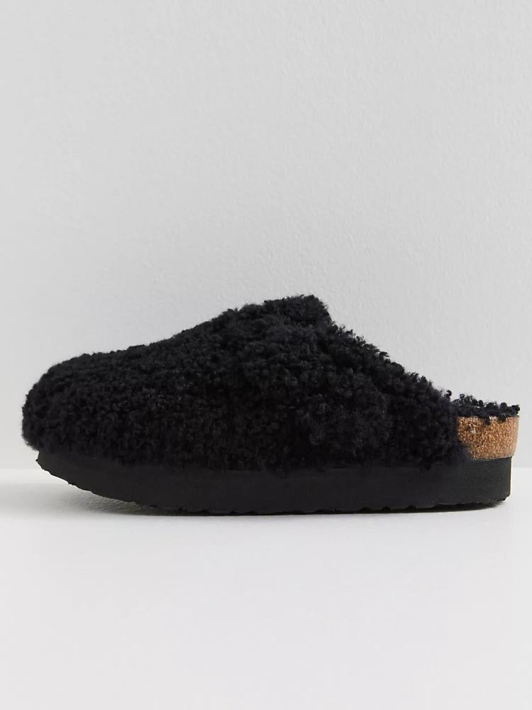 Buckle Fluffy Flat Mules Faux Shearling Open-Back Comfy Cork Clogs