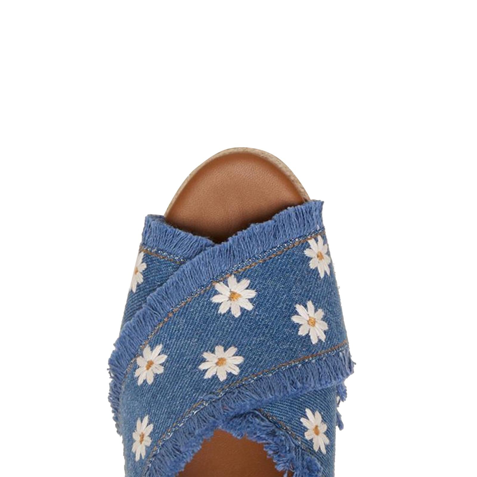 Denim Blue Daisy Embroidered Round Single Band Backless Slp-On Raffia Wdege Espadrilles Sandals